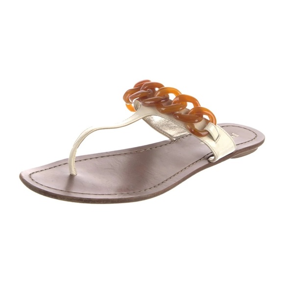 Prada Women’s Tortoise Shell Chain Leather Thong Sandal White/Brown Size 7 (37) - Picture 1 of 6